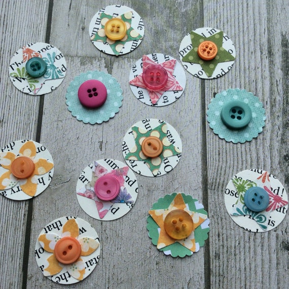 12 Handmade Paper Button Embellishments Paper Flowers Colourful Buttons  Card Making Supplies Scrapbooking Childrens Book 