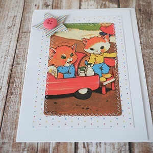 Vintage children&#39;s book card- cats - animal book- cat birthday - blank- embellished - scrapbooking