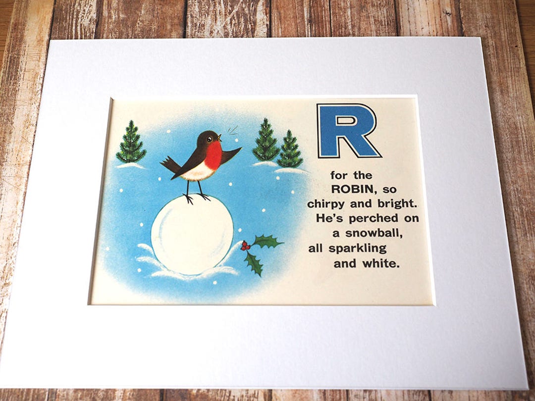 Letter R Robin Alphabet Print R Robin on Snowball Original Vintage Book Page 8x10 ...