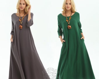 Anysize 3/4 sleeves A-line dress with side pockets soft linen cotton loose dress spring summer maxi dress plus size dress F140A