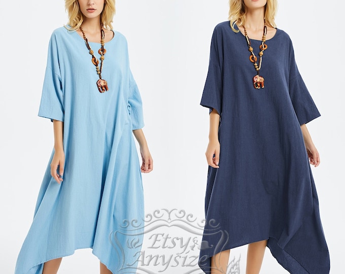 Anysize 3/4 sleeves with side pockets loose style linen cotton dress with belt summer spring fall plus size clothing F172Q