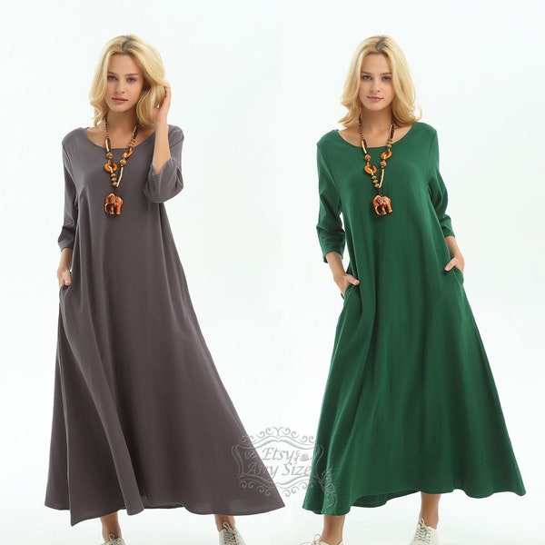 Anysize 3/4 sleeves A-line dress with side pockets soft linen cotton loose dress spring summer maxi dress plus size dress F140A