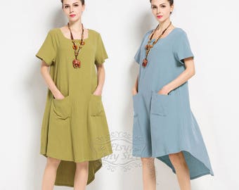 Anysize V-necked soft linen&cotton loose dress plus size dress | Etsy