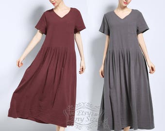 Anysize V neck with side pockets soft linen cotton loose dress plus size dress plus size clothing spring summer dress F145A