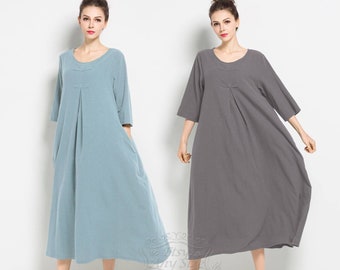 Anysize side pockets summer soft linen cotton loose dress plus size dress plus size clothing F120A