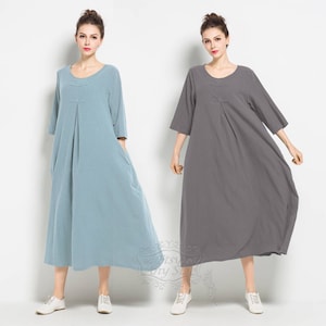Anysize side pockets summer soft linen cotton loose dress plus size dress plus size clothing F120Q