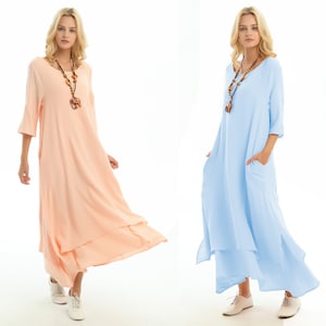 Anysize with side pockets soft linen cotton loose dress spring summer maxi plus size dress plus size clothing F147A