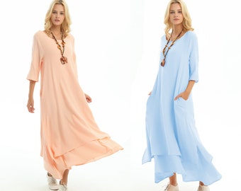 Anysize with side pockets soft linen cotton loose dress spring summer maxi plus size dress plus size clothing F147A