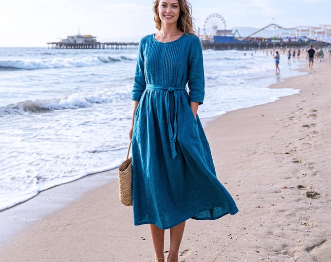 Anysize Custom 100% Linen Pleated Front Tie Waist 3/4 Sleeve Summer Casual Dress with Pockets Plus Size Dress Plus Size Clothing F58VL