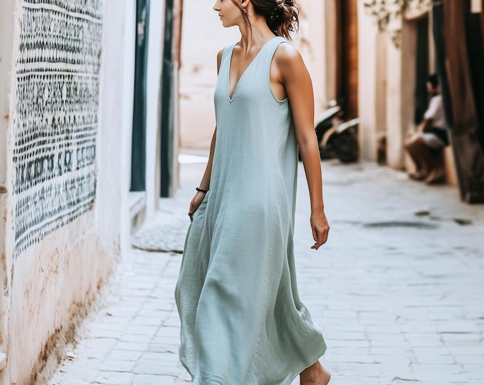 Anysize soft linen cotton deep v neck maxi dress sleeveless with side pockets summer loose dress plus size dress plus size clothing F97CQ