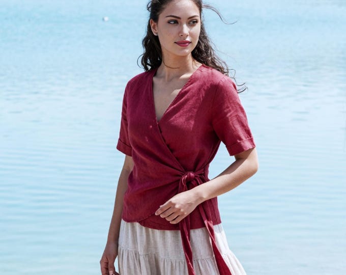 Anysize Custom 100% Linen Wrap Top Women Side Tie Blouse V Neck Linen Top Wrap Style Summer Shirt Feminine Casual Linen Blouse F36WL