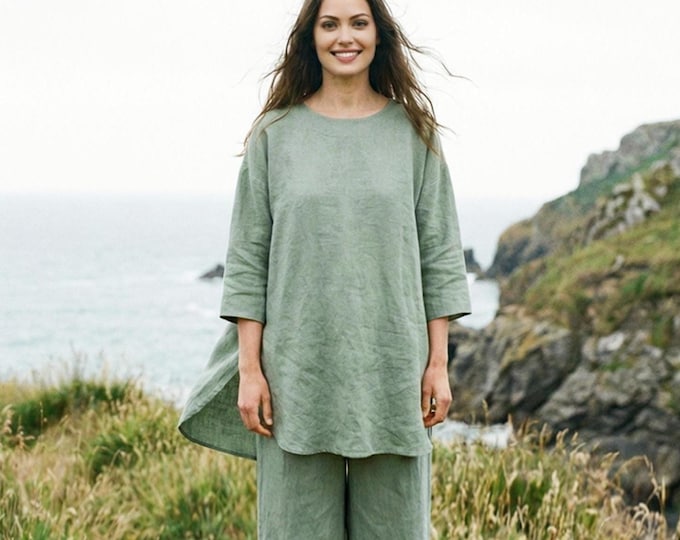 Anysize Custom 100% Linen Loose 3/4 Sleeves Tops With Sides Slit Plus Size Long Shirt Plus Size Tops Spring Summer Plus Size Clothing F74TL