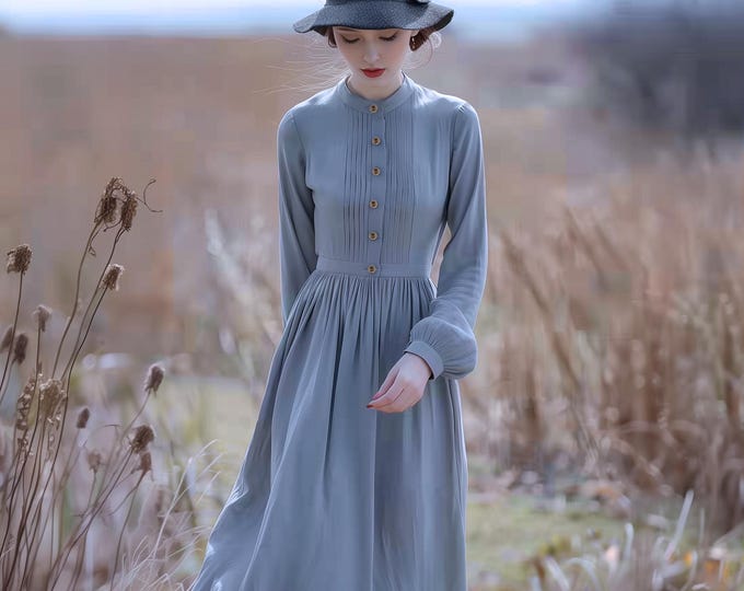 Anysize custom long sleeves soft linen cotton maxi dress with pleated side pockets spring fall plus size dress plus size clothing F577E