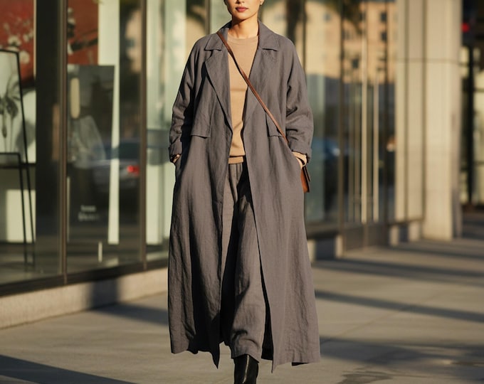 Anysize Custom Coat with Lining Linen Cotton Loose Windbreaker With Side Pockets Spring Fall Plus size  Coat Plus Size Clothing F69SN
