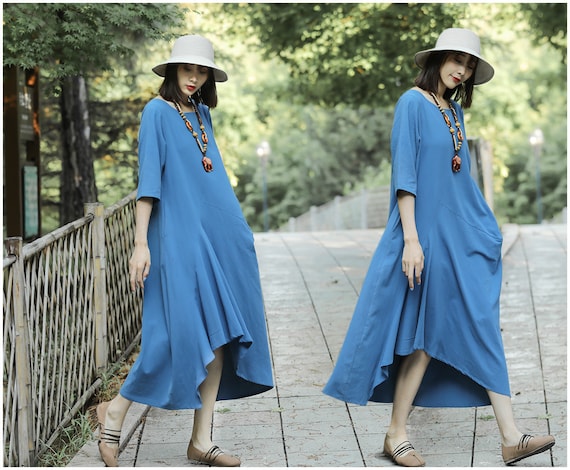 Buy Anysize 3/4 Sleeves With Irregular Hem Long Dress Woman Linen