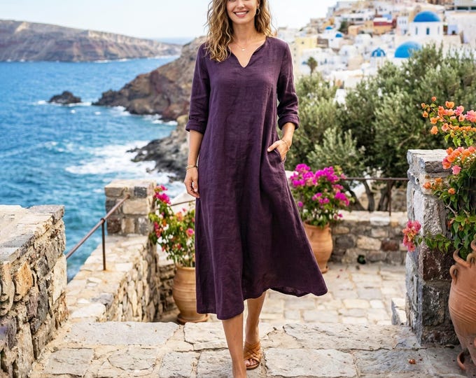 Anysize Custom 100% Linen Mid-calf Dress for Women With Pockets Relaxed Fit V Neck Summer Dress Long sleeves Plus Size Dress F87UL