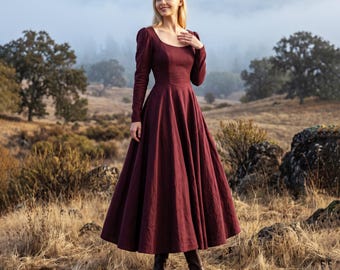 Anysize Custom Linen Maxi Dress Long Sleeve Square Neck Fit and Flare Dress Back Zipper Fall Dress Autumn Clothing Plus Size Women F22HN