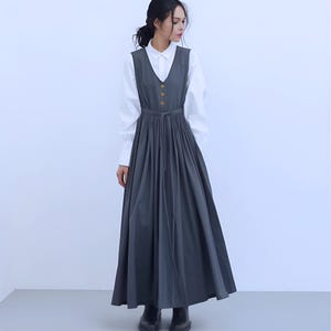 Anysize custom cotton linen overall dress V neck with side pockets spring fall plus size dress plus size clothing F575N