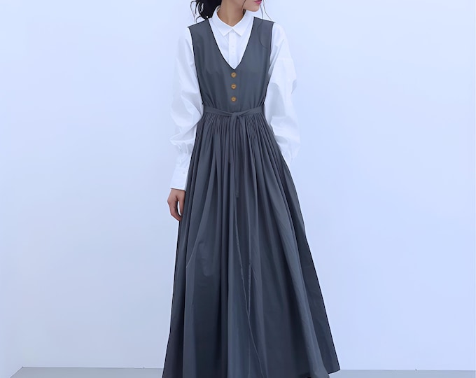 Anysize custom cotton linen overall dress V neck with side pockets spring fall plus size dress plus size clothing F575N