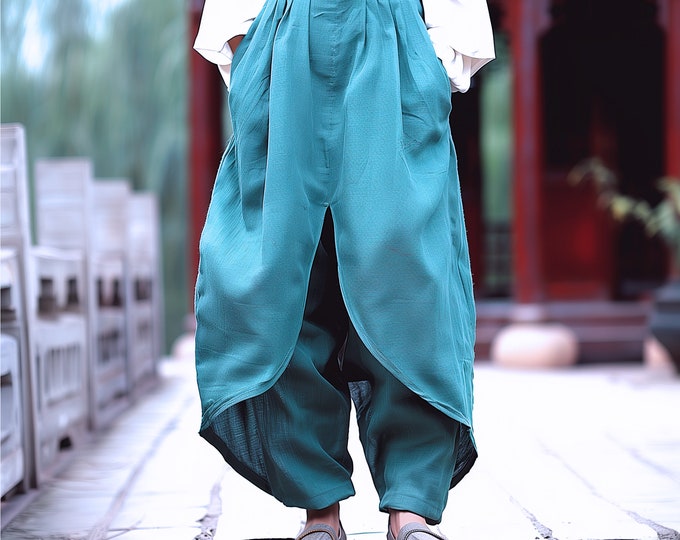 Anysize custom stylish pants linen cotton spring fall pants fake two pieces elastic waist trousers plus size pants plus size clothing F503E