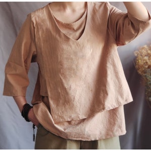 Anysize fake two pieces summer soft linen cotton tops short sleeves tops casual loose plus size tops customized plus size clothing  T8Q