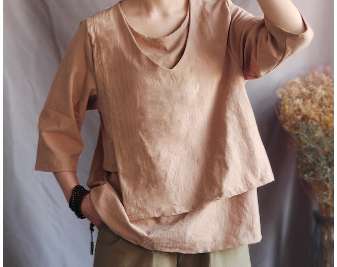 Anysize fake two pieces summer soft linen cotton tops short sleeves tops casual loose plus size tops customized plus size clothing  T8Q