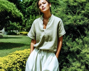 Top 100% lino personalizzati di qualsiasi taglia, camicia con scollo a V, top larghi, camicetta in lino a maniche corte, top estivi taglie forti, abbigliamento taglie forti F8JL