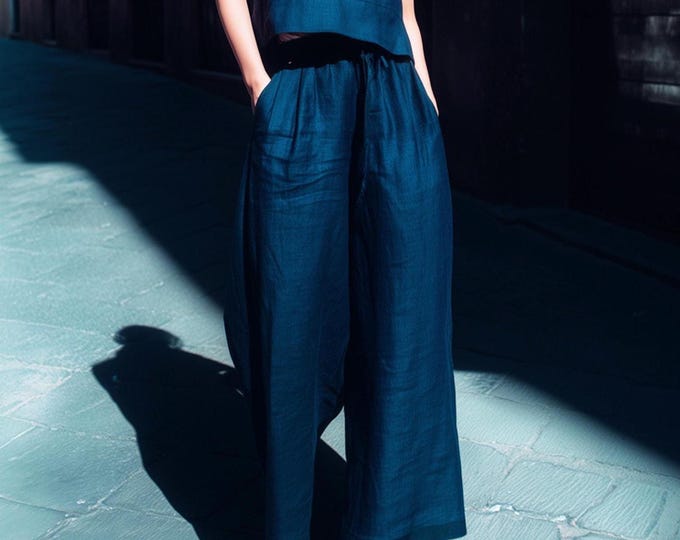 Anysize custom 100% linen elastic waist trousers with pockets casual loose spring summer plus size pants plus size clothing F6JL