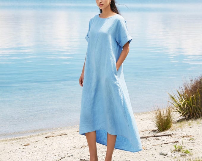 Anysize Custom 100% Linen Dress Women High Low Hem Dress Loose Fit Short Sleeves Summer Dress Minimalist Linen Dress with Pockets F38WL