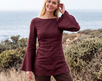 Anysize Custom 100% Linen Tunic Top Side Slit Blouse Boat Neck Flare Sleeve Shirt Fitted Plus Size Women Clothing F12HL