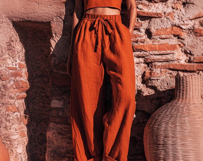 Anysize custom 100% linen wide leg pants elastic waist with pockets drawstrings spring summer plus size pants plus size clothing F6YL