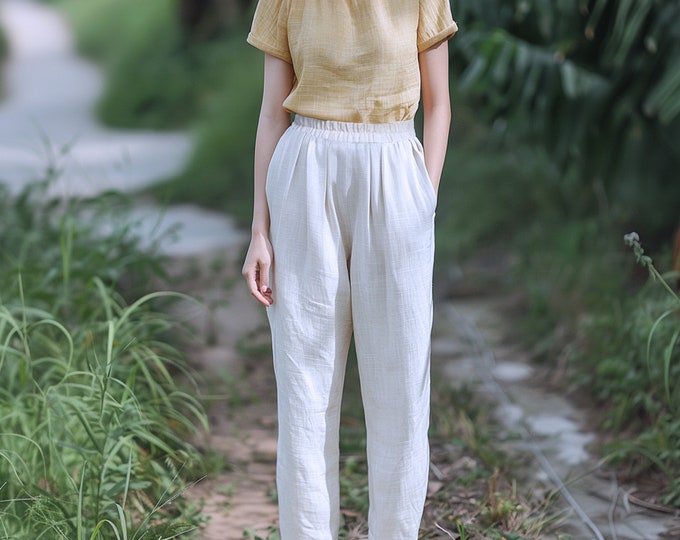 Anysize custom 100% linen high waisted trousers with side pockets elastic waist spring summer plus size pants plus size clothing F491L