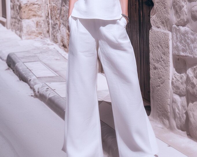 Anysize custom 100% linen pants wide legs maxi length with pockets elastic waist spring summer plus size pants plus size clothing F29YL
