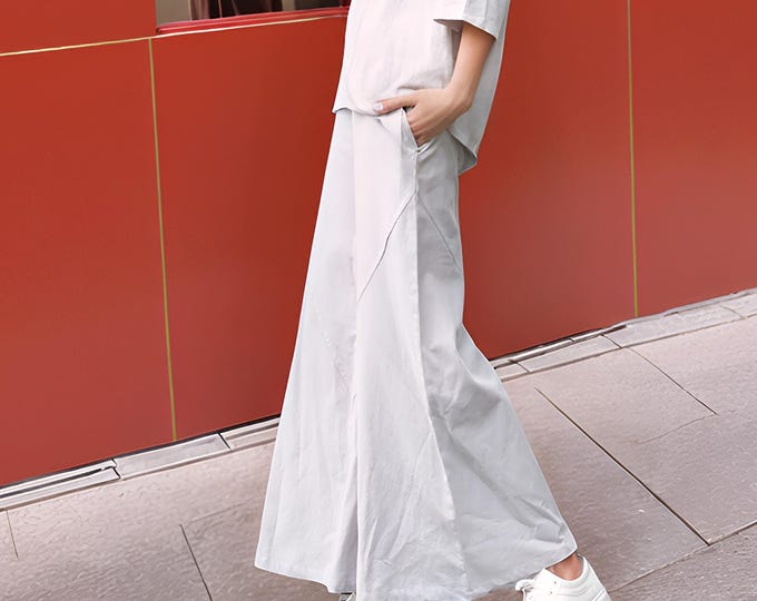 Anysize linen cotton elastic waist wide leg pants with side pockets women spring fall trousers plus size pants plus size clothing F86CQ