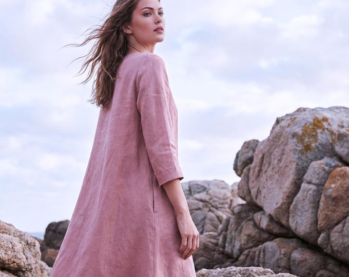 Anysize Custom 100% Linen Maxi Dress 3/4 Sleeves Loose Dress With Side Pockets Plus Size Dress Plus Size Clothing F62TL