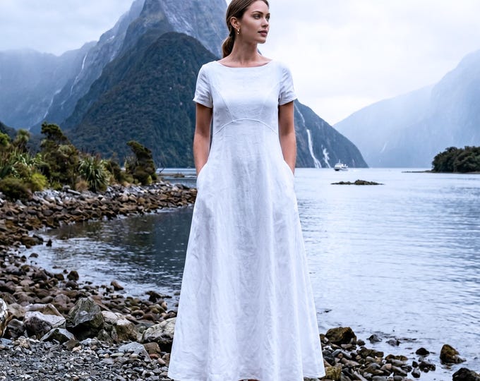 Anysize Custom 100% Linen Maxi Dress for Women Panelled Front A-Line Dress Curved Waist Dress with Hidden Side Zipper and Pockets F84VL