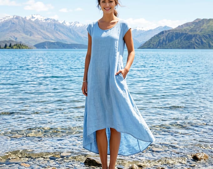 Anysize Custom 100% Linen High Low Dress Wome, Loose Linen Dress Flowy Summer Dress Casual Linen Dress with Pockets F63WL