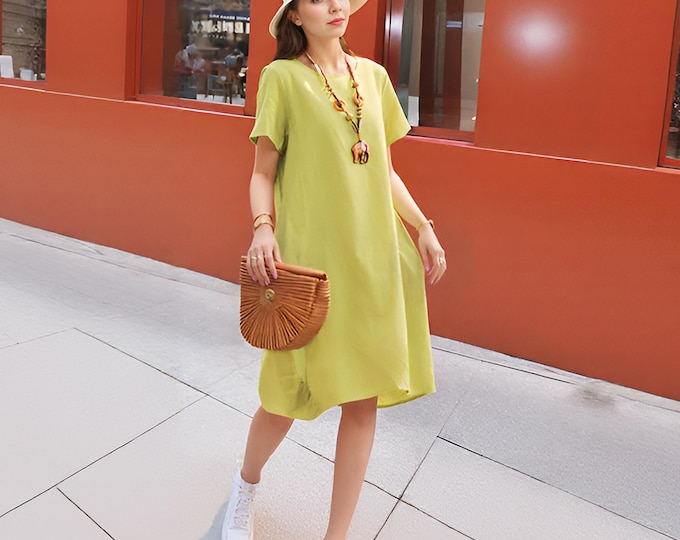 Anysize soft linen cotton midi dress with side pockets back hem pleated design casual loose dress plus size dress plus size clothing F83CQ