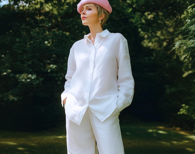 Anysize custom long sleeves 100% linen casual blouse with buttons linen shirts summer tops plus size tops plus size clothing F49JL