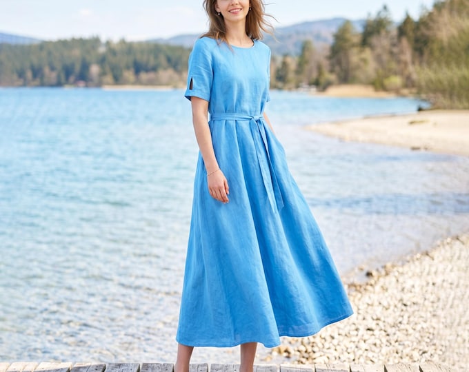 Anysize Custom 100% Linen Dress for Women Short Sleeve Tie Waist Dress With Slit Sleeve Detail Casual A-Line Summer Dress With Pockets F3WL