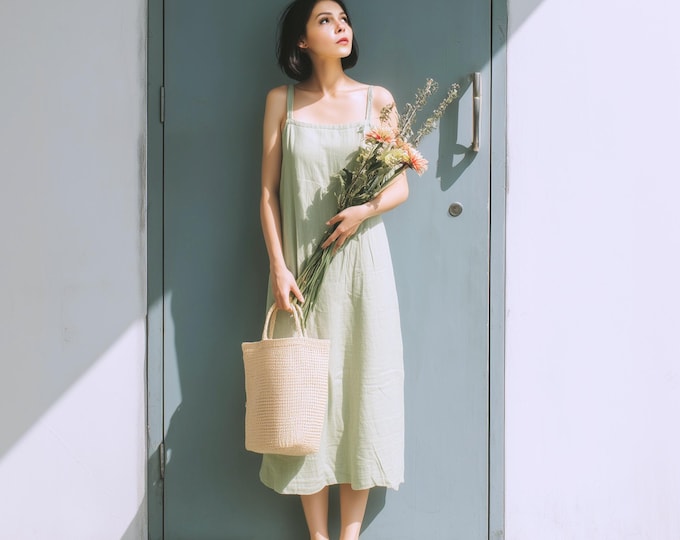 Anysize custom 100% linen sleeveless loose maxi dress with side pockets spring summer plus size dress plus size clothing F51DL