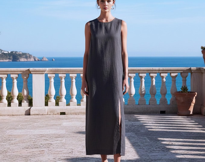Anysize custom 100% Linen Maxi Dress Sleeveless Column Dress with Slit Minimal Summer Linen Dress Plus Size Dress Plus Size Clothing F68UL