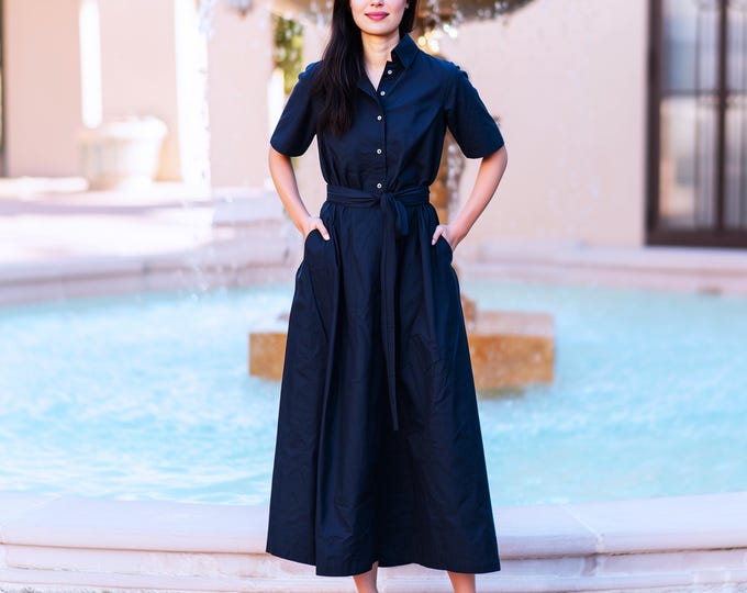 Anysize custom 100% linen dress buttoned loose dress with side pockets waist belt spring summer plus size dress plus size clothing F48YL