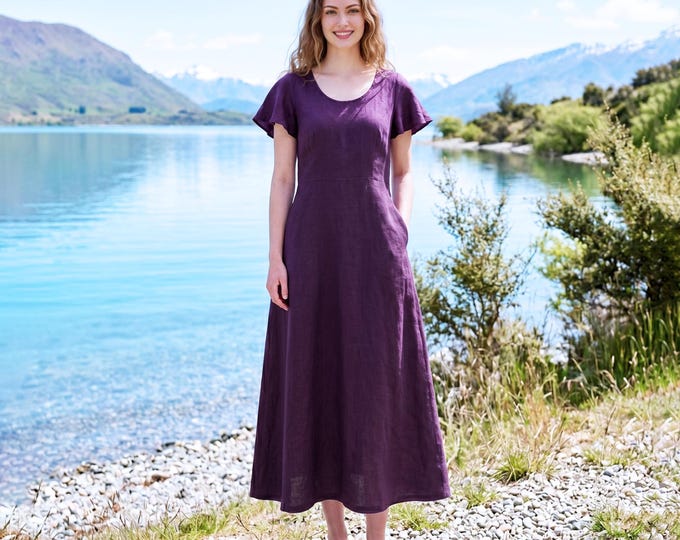 Anysize Custom 100% Linen Dress Back Tie Maxi Dress Flutter Sleeve Linen Dress Feminine A Line Summer Dress with Pockets F37WL