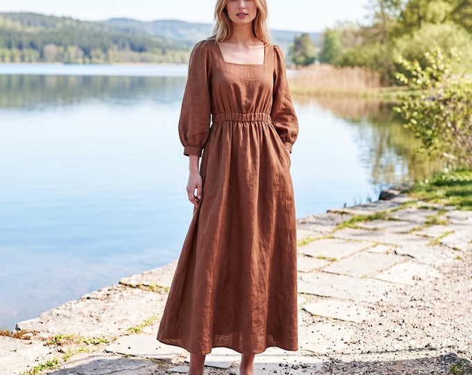 Anysize Custom 100% Linen Square Neck Dress 3/4 Button Cuff Puff Sleeve Elastic Waist Dress Elegant Summer Linen Dress With Pockets F64WL