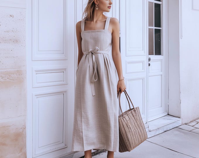 Anysize custom 100% linen sleeveless long dress with side pockets belt spring summer plus size dress plus size clothing F64CL
