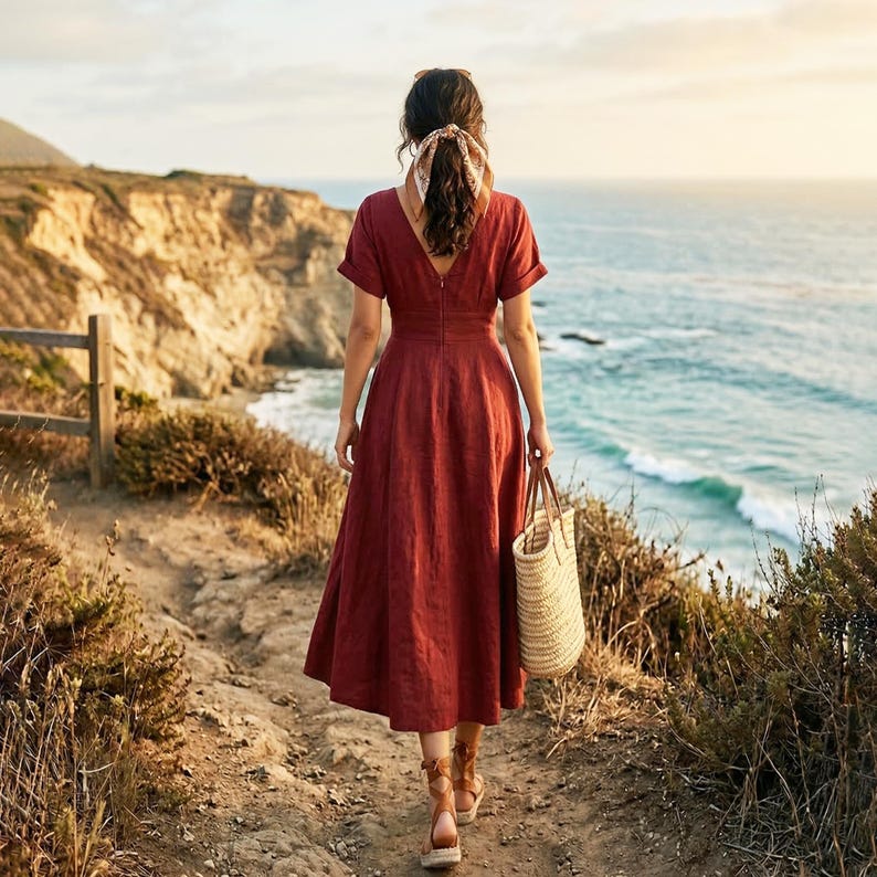 May include: A woman in a rust-colored midi dress walks along a coastal path, carrying a woven tote bag. The dress features a V-neck and short sleeves. The background shows a cliffside, ocean, and a wooden fence.