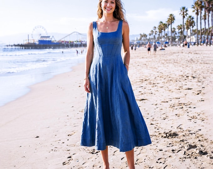 Anysize Custom 100% Linen Fitted Waist Dress A Line Structured Linen Dress With Pockets  Sleeveless Summer Dress Elegant Beach Dress F28VL