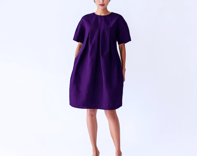 Anysize custom 100% linen dress pleated short sleeves loose dress with side pockets spring summer plus size dress plus size clothing F54YL