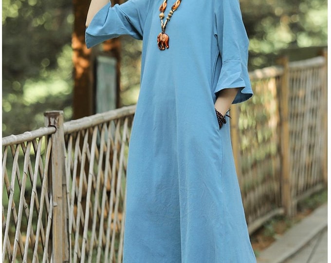 Anysize custom 3/4 flare sleeves stylish plus size dress with side pockets linen cotton spring fall winter plus size clothing F413N